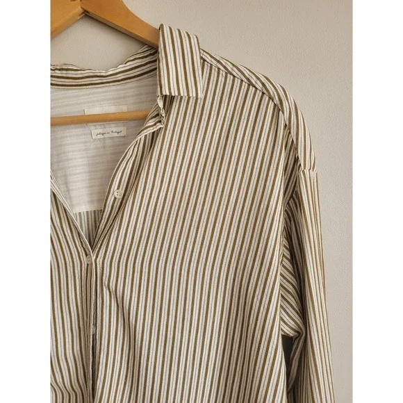 Harris Wilson Edouard Striped Button Shirt Olive Green White Viscose Cotton S - Picture 2 of 8